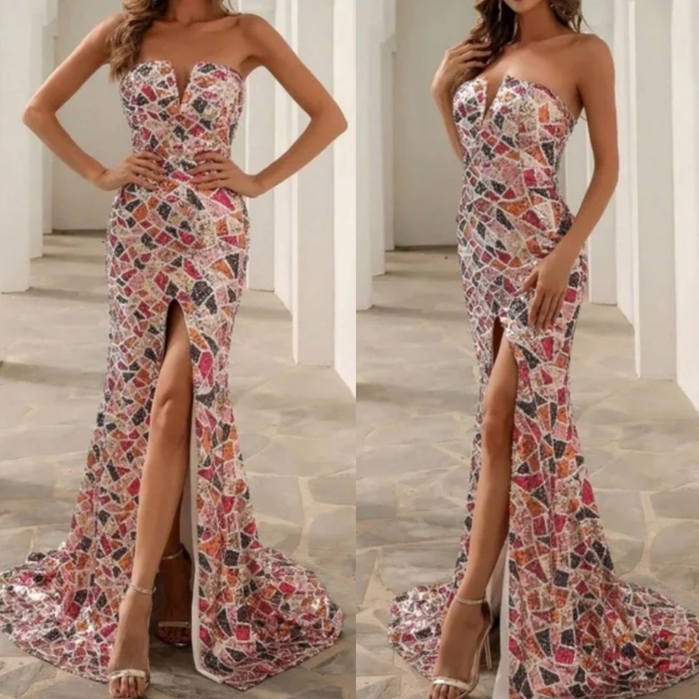 Luxe strapless slit thigh party formal evening gown dress